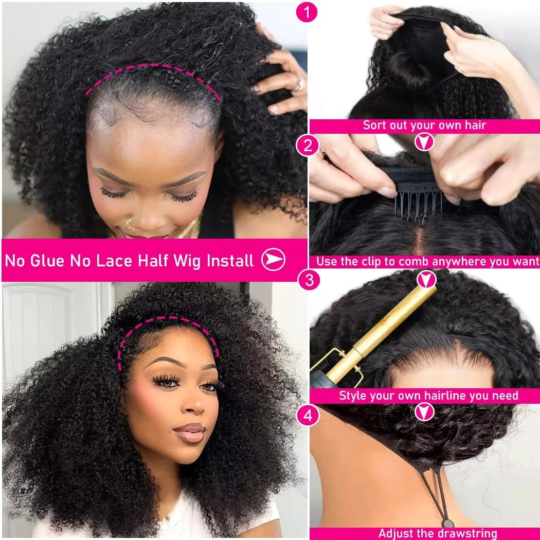 Abijale Half Wigs Human Hair Curly 3 In 1 Human Hair Wig Seamless Flip Over Half Wig Beginner Friendly Curly Wigs for Women