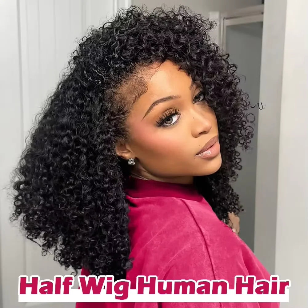 Abijale Half Wigs Human Hair Curly 3 In 1 Human Hair Wig Seamless Flip Over Half Wig Beginner Friendly Curly Wigs for Women